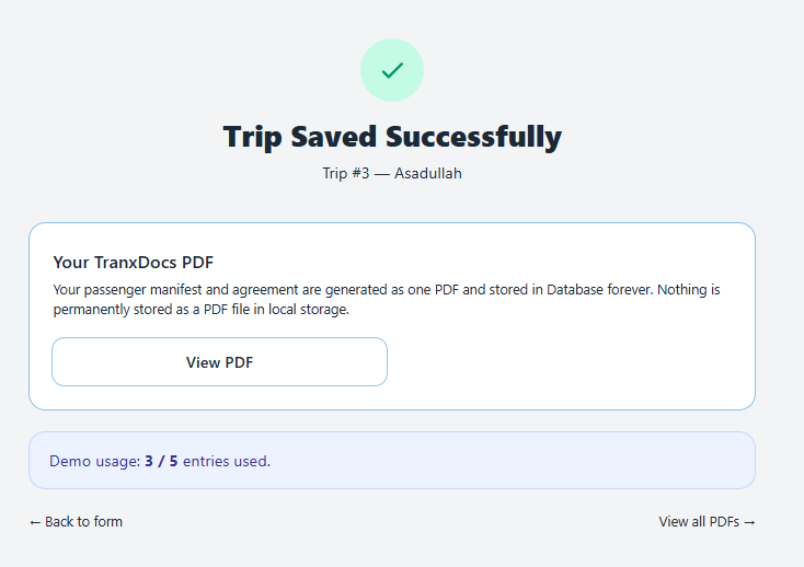 Trip saved successfully, instant PDF generation