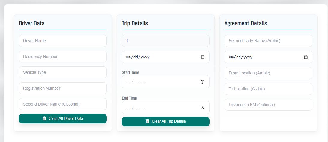 Tranxdocs trip entry form with driver, trip and agreement details